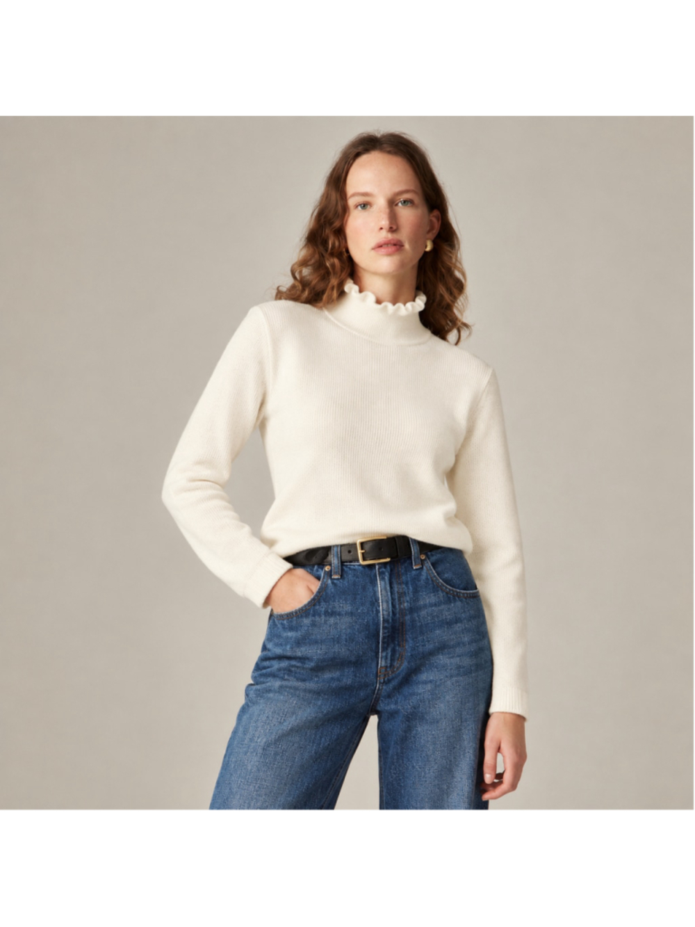 J. Crew Cream Preppy Minimalist Merino Wool Blend Ruffle Neck Sweater Womens M